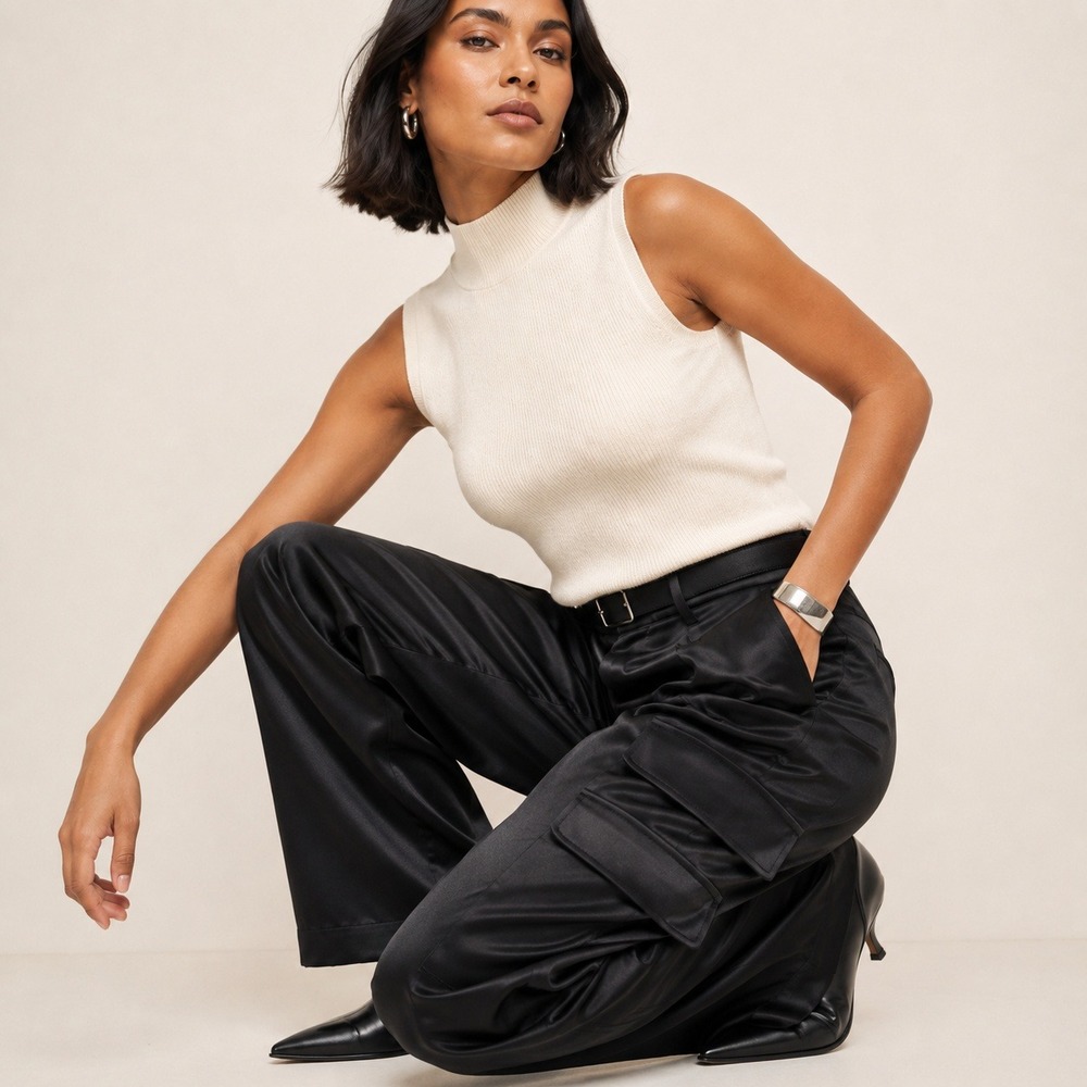 Noli Milan Satin Cargo Pants Womens 10 Black Luxe Utility Wide Leg Y2K MSRP $198